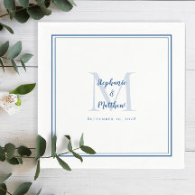 Nomes e Data de Casamento Modernos Monograma Azul 