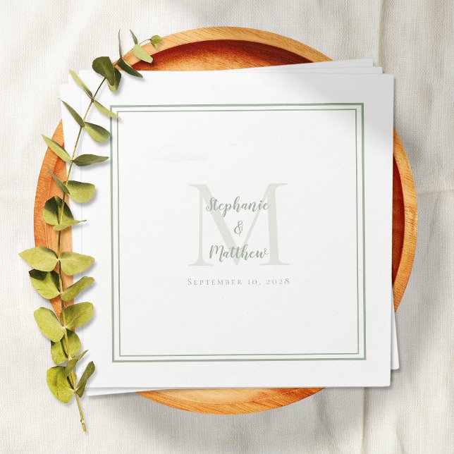 Guardanapo De Papel Nomes e Data de Casamento Modernos Monograma Sage  (Modern Wedding Names & Date Monogram Sage Green Napkins)