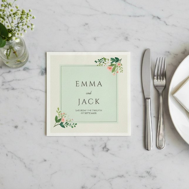 Guardanapo De Papel Nomes verdes cor-de-rosa macio e casamento (Botanical frame, green wedding napkin with bride and groom names.)