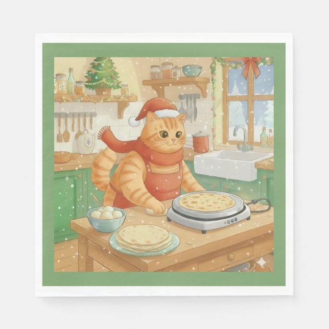 Guardanapo De Papel Norwegian Cat Making Christmas Lefse, Napkins (Frente)