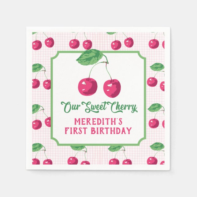Guardanapo De Papel "Nossa doce cereja", aniversário rosa e verde (Frente)