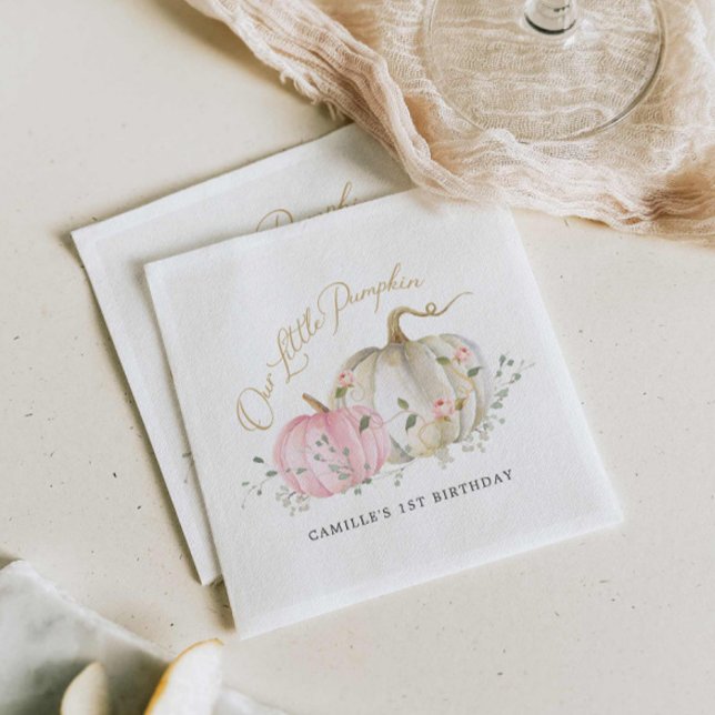 Guardanapo De Papel Nosso primeiro aniversario de Menina de Abóbora (Pink Pumpkin Fall Girl birthday Party Napkins)