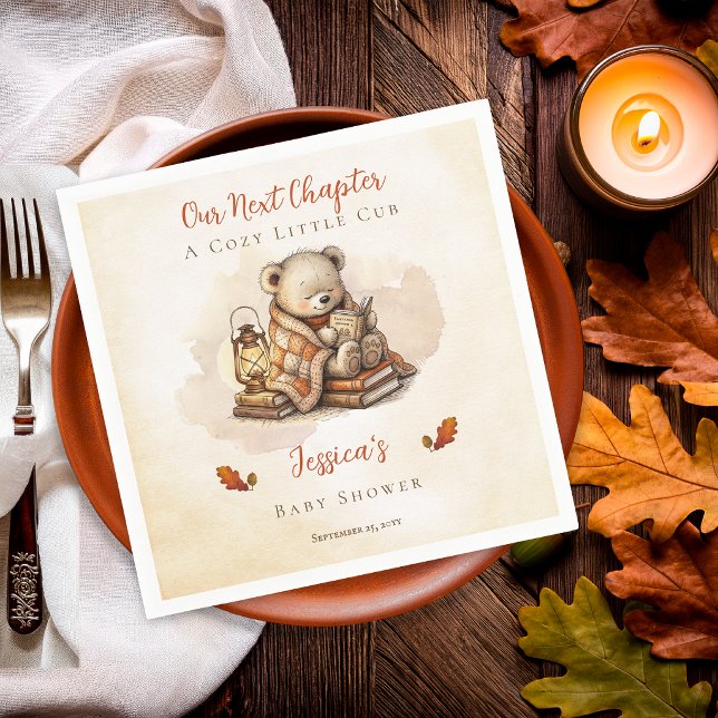 Guardanapo De Papel Nosso Próximo Capítulo Chuvoso Urso de Pelúcia Bab (Our Next Chapter Little Cub Teddy Bear personalized fall baby shower paper napkins)