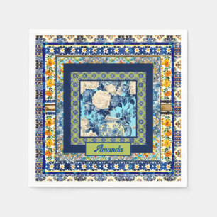 Guardanapo De Papel Nota de monograma elegante de azulejo azul floral