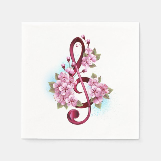 Guardanapo De Papel Notas musicais em clave de sol com flores de Sakur (Frente)