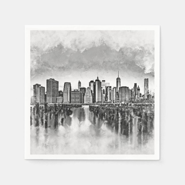 Guardanapo De Papel Nova Iorque Manhattan Skyline - preto e branco (Frente)