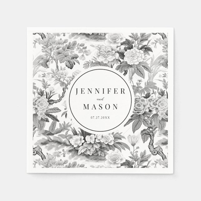 Guardanapo De Papel Núcleos de monograma de flores brancas pretas (Frente)