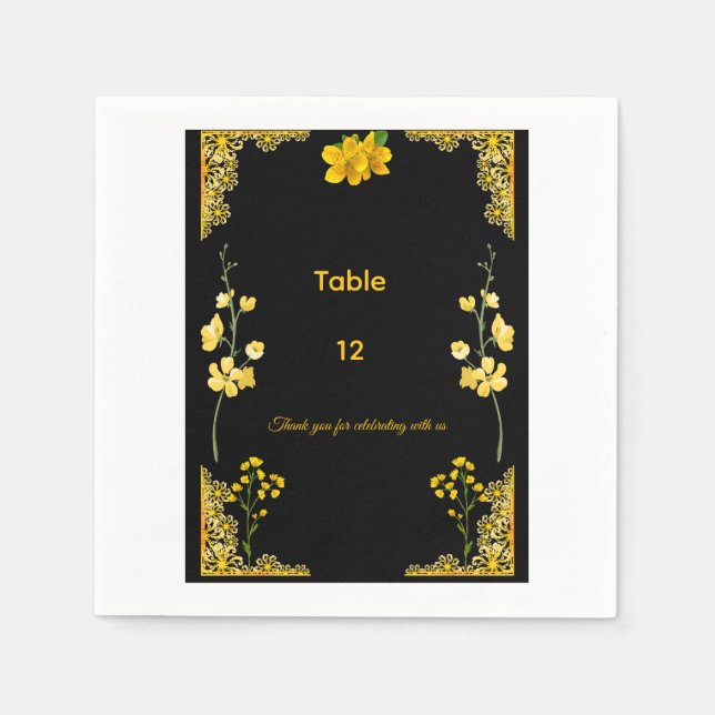 Guardanapo De Papel Número da Mesa de Casamento Preto e Dourado (Frente)