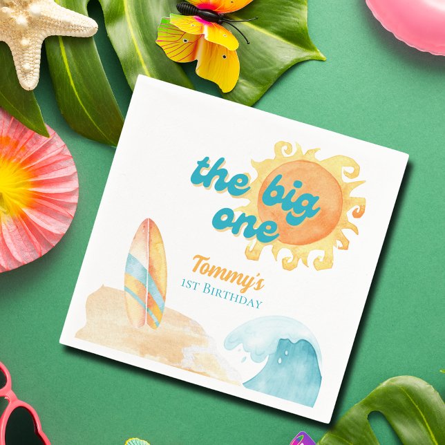 Guardanapo De Papel O Grande primeiro aniversario de Aquarela de Surfb (The Big One Surfboard Watercolor 1st Birthday Napkins
)