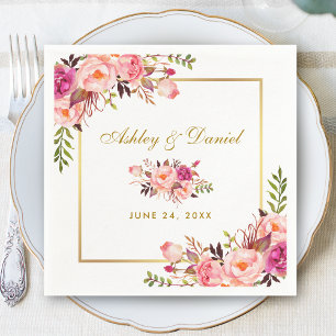 Guardanapo De Papel O rosa da aguarela cora casamento Dourado floral
