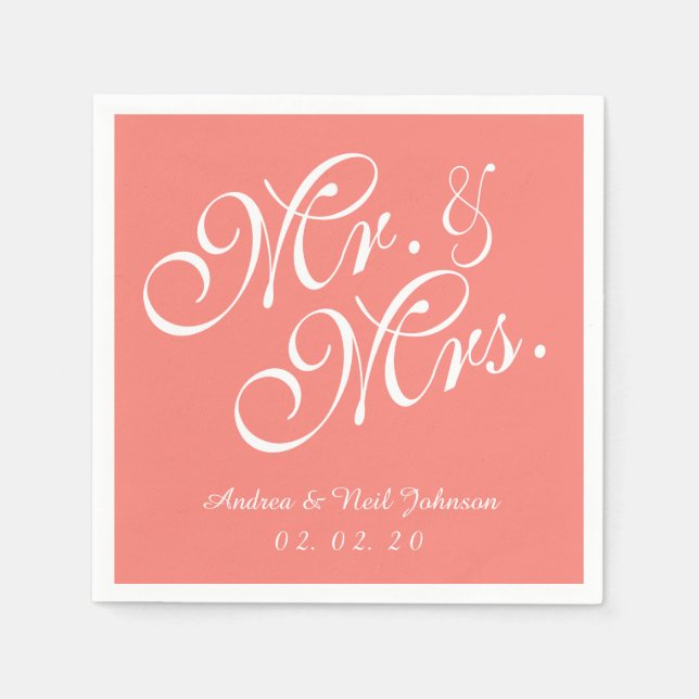 Guardanapo De Papel O Sr. e a Sra. Coral Pink Wedding Paper Napkins (Frente)