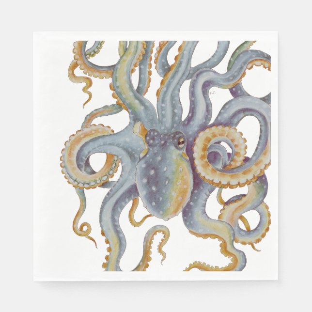 Guardanapo De Papel Octopus Blue Pastel Cor Aquarela Arte (Frente)