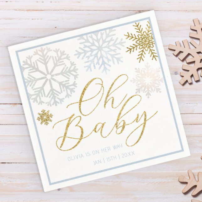 Guardanapo De Papel Oh Baby Blue Snowflake Chá Napkins (Winter wonderland baby shower paper napkins)