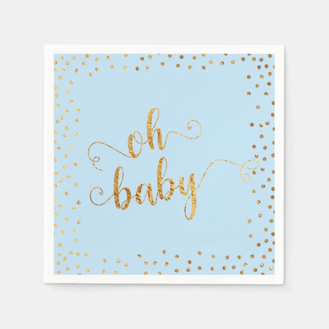 Guardanapo De Papel "Oh Baby" Faux Gold Foil Confetti Baby Blue Chá (Frente)
