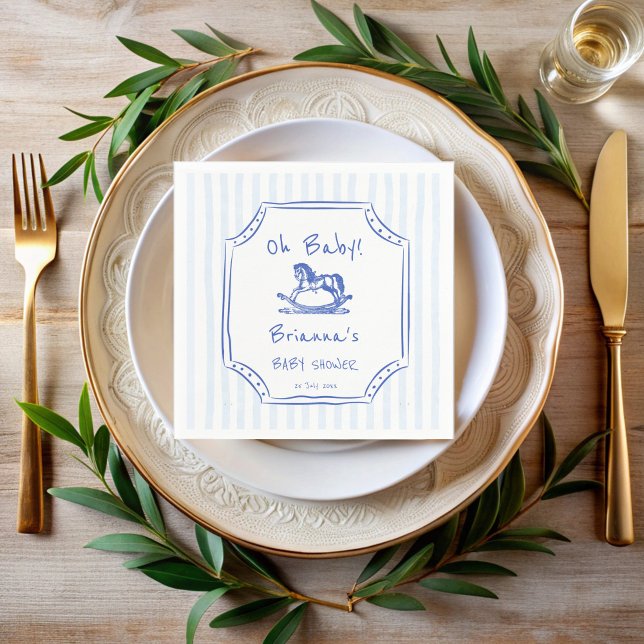 Guardanapo De Papel Oh chá de fraldas de esboço azul-anelado (Oh baby blue rocking horse handrawn sketch baby shower  monogrammed napkins personalized table decor)