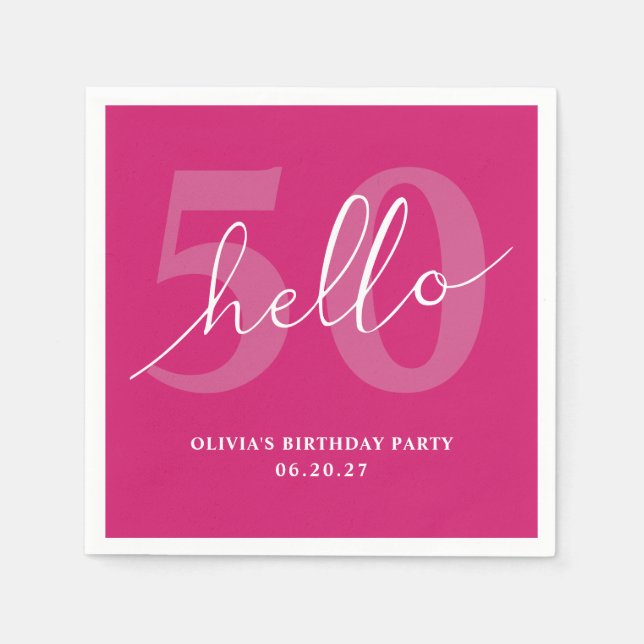 Guardanapo De Papel Olá 50 | Bold Hot Pink 50th Birthday Personalizado (Frente)
