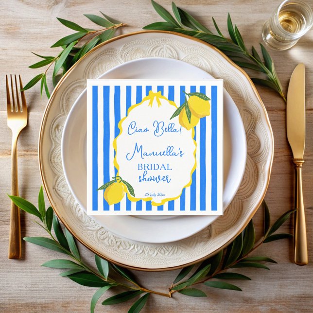 Guardanapo De Papel Olá bela listras azuis limões chá de noiva (Ciao bella blue stripes wavy border lemons Italian bridal shower monogrammed printed napkins)