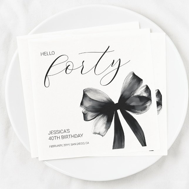 Guardanapo De Papel Olá Quarenta Arco de Script Elegante Festa de Aniv (Hello Forty Elegant Script Bow 40th Birthday Party Napkins)