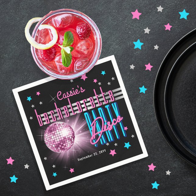 Guardanapo De Papel Olhar Retro Neon dos Anos 70 Bola de Discoteca Fes (Retro 70's Neon Look Disco Ball Bachelorette Party Cocktail Napkins)