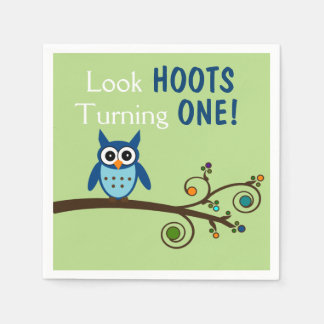 Guardanapo De Papel Olhe Hoots Virando 1 Coruja Aniversário Napkins