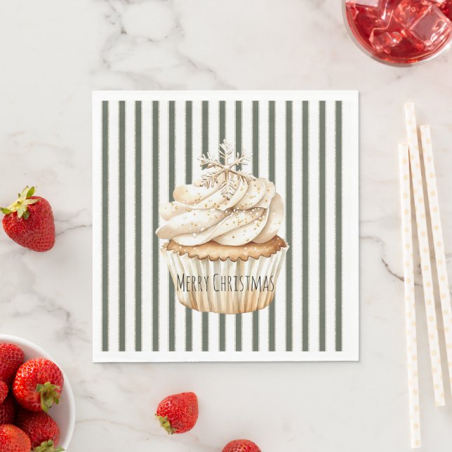 Guardanapo De Papel Olive Cream Stripes Snowflake Cupcake Christmas (Insitu)