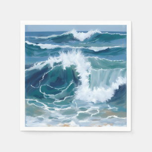 Guardanapo De Papel Ondas do Oceano em Fúria Aquarela Azul Costeira