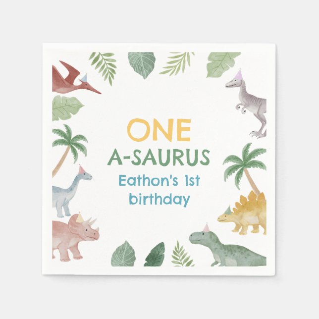Guardanapo De Papel One A Saurus Dinosaur Boy Birthday Party Napkins (Frente)