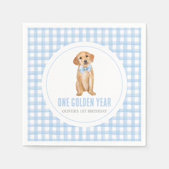 Guardanapo De Papel One golden year Puppy preppy plaid 1st birthday (Frente)
