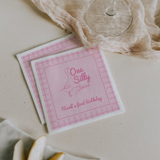 Guardanapo De Papel One Silly Goose Pink Hand Drawn Girl 1st Birthday