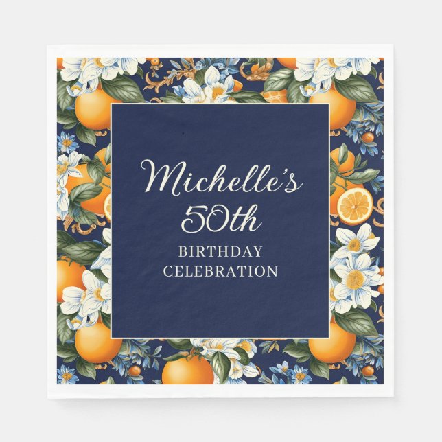 Guardanapo De Papel Oranges White Flowers Navy Blue Birthday Welcome (Frente)