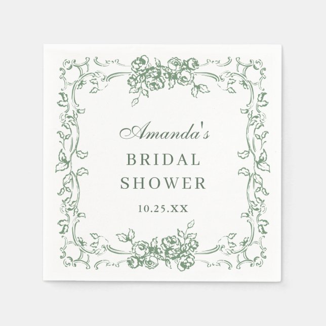 Guardanapo De Papel Ornamentado Renascentista Sage Green Floral Chá de (Frente)