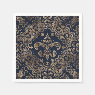 Guardanapo De Papel Ornamento de luxo Fleur-de-lis - ouro e azul escur