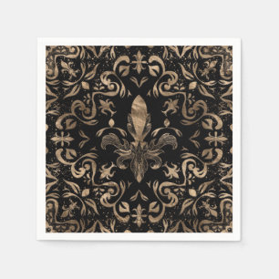 Guardanapo De Papel Ornamento Fleur-de-lis Preto e Dourado