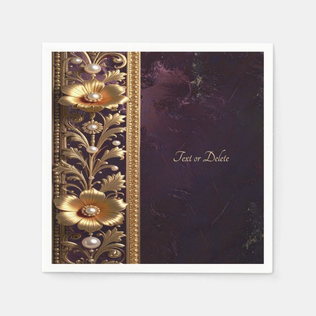 Guardanapo De Papel Ornamento Floral Dourado com Pérolas (Frente)