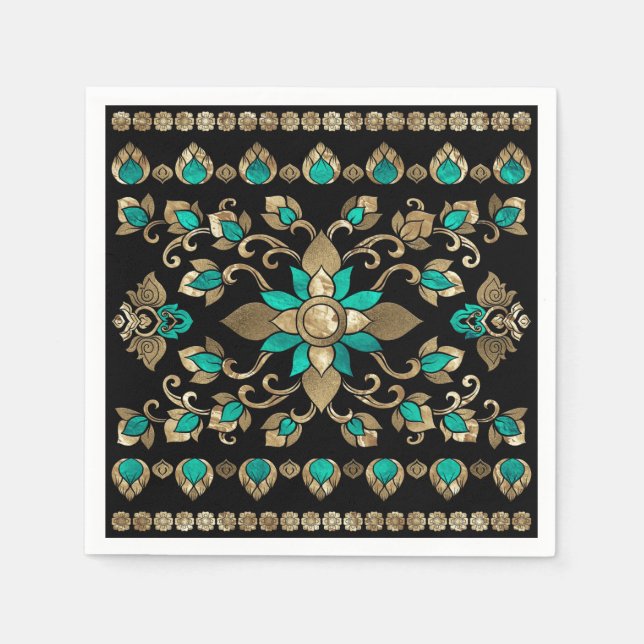 Guardanapo De Papel Ornamento Tailandês - Dourado e Teal (Frente)