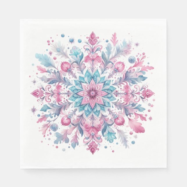 GUARDANAPO DE PAPEL ORNATE PINK & BLUE WINTER HOLIDAY SNOWFLAKES (Frente)