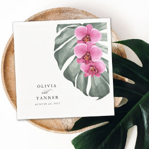 Guardanapo De Papel Orquídeas Rosa Quente no Casamento Tropical de Mo