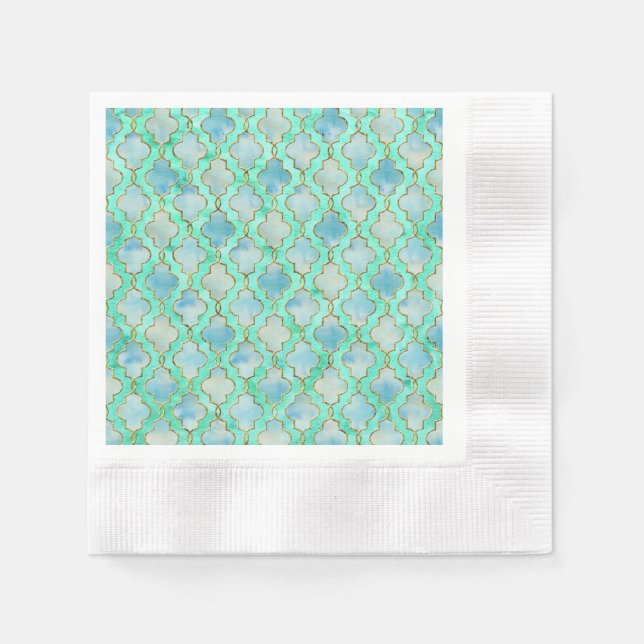 Guardanapo De Papel Ouro aquático e padrão maroccano verde (Frente)