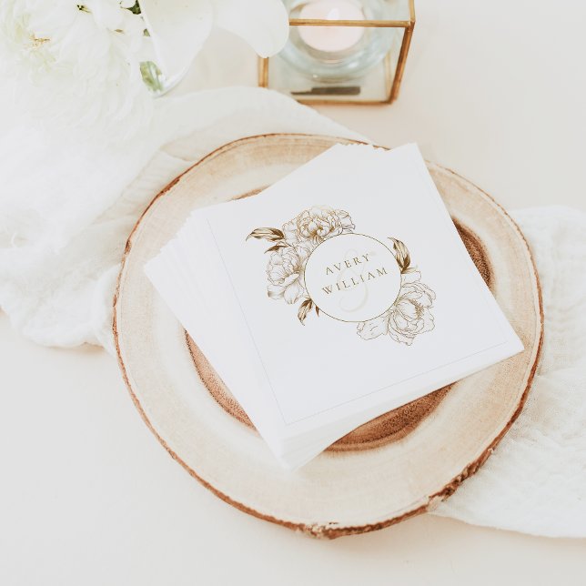 Guardanapo De Papel Ouro Branco Casamento Monograma de Peônias Florais (Criador carregado)
