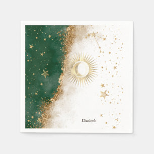 Guardanapo De Papel Ouro Celestial Sol E Lua Estrelas Verde