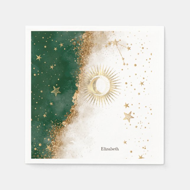 Guardanapo De Papel Ouro Celestial Sol E Lua Estrelas Verde (Frente)