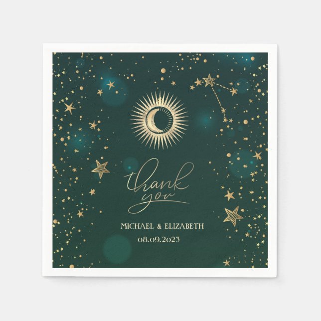 Guardanapo De Papel Ouro Celestial Sol E Lua Estrelas Verde (Frente)