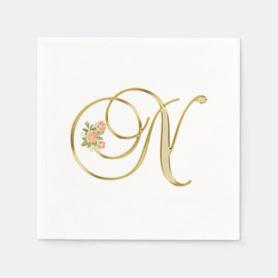 Guardanapo De Papel Ouro Cor Floral Monograma - Letra N