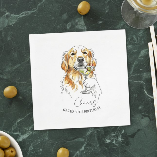 Guardanapo De Papel Ouro De Mão Desenhado Retriever Dirty Martini Cock (Celebrate with this custom hand drawn golden retriever martini cocktail napkin.!)