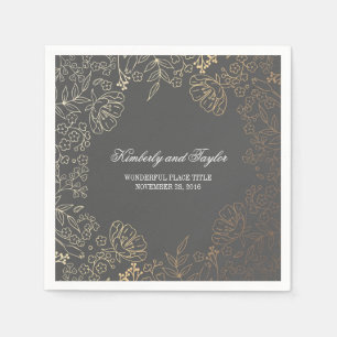 Guardanapo De Papel Ouro e casamento vintage floral cinzento