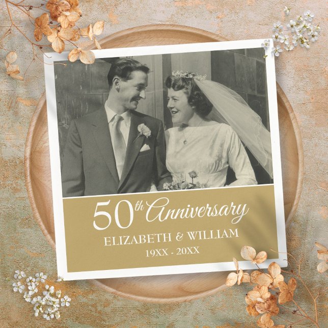 Guardanapo De Papel ouro Elegante Foto de Casamento de 50 anos (50th Anniversary Wedding Photo Elegant Golden Napkins)