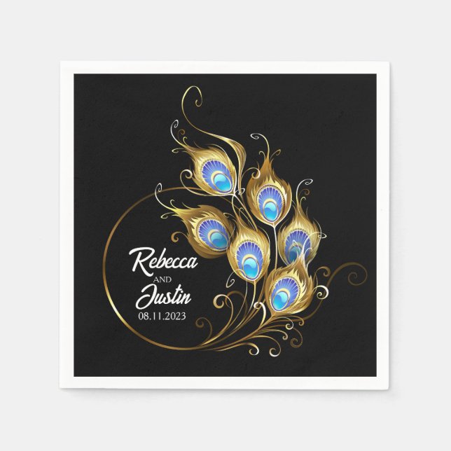 Guardanapo De Papel Ouro Peacock Feather Black Modern Boho (Frente)