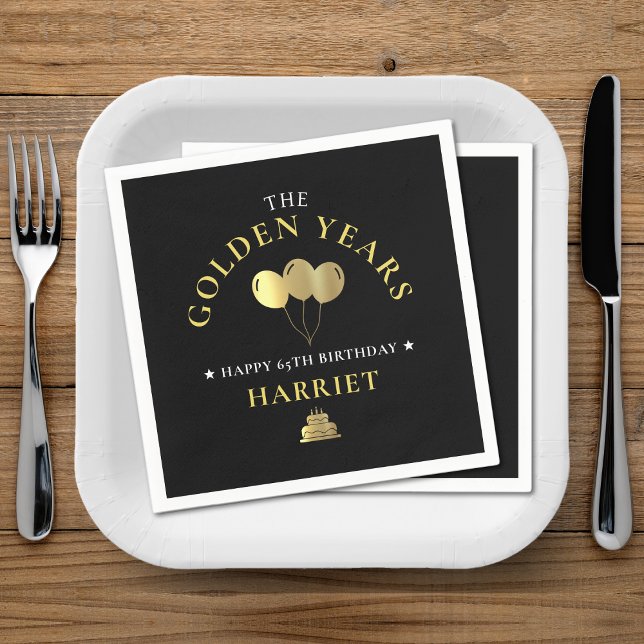 Guardanapo De Papel Ouro preto e Dourado anos 65 anos aniversário (Black & Gold Golden Years 65th Birthday Napkins)