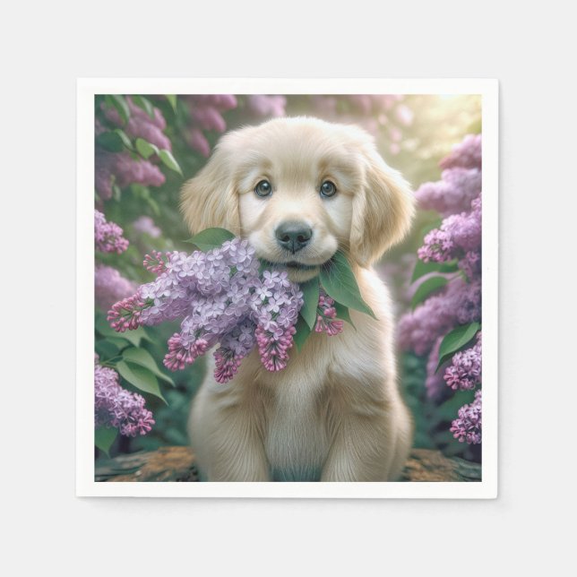 Guardanapo De Papel Ouro Retriever Puppy Com Lilacs (Frente)