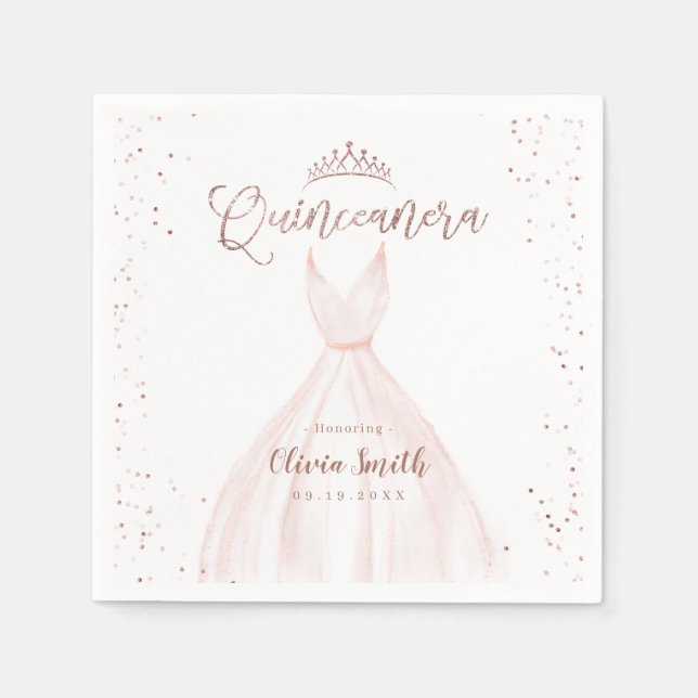 Guardanapo De Papel Ouro-rosa brilhante elegante com quinceñera vestid (Frente)